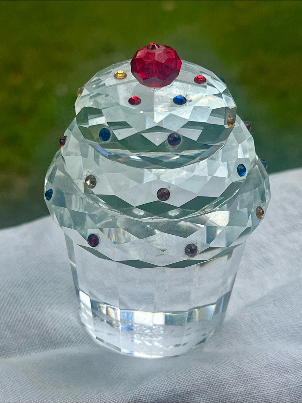 Oleg Cassini Crystal Cupcake Trinket Box with Red and Multicolor Gems, signed